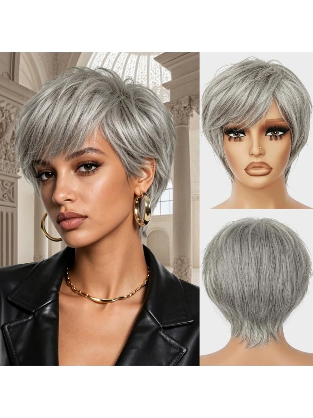 Stylish Silver Gray 4-Inch Pixie Cut Human Hair Wig for Women - Trendy & Chic